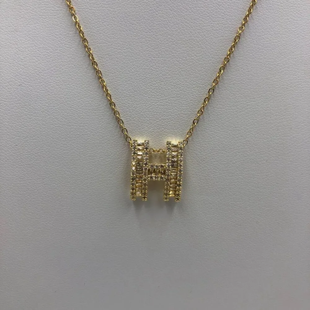 18K Gold Plated Women's Initial Letter H Cubic Zirconia Necklace Waterproof
